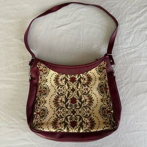 Vintage 70s Medium Red Leather Tapestry Needlepoint Carpetbag Shoulder Bag